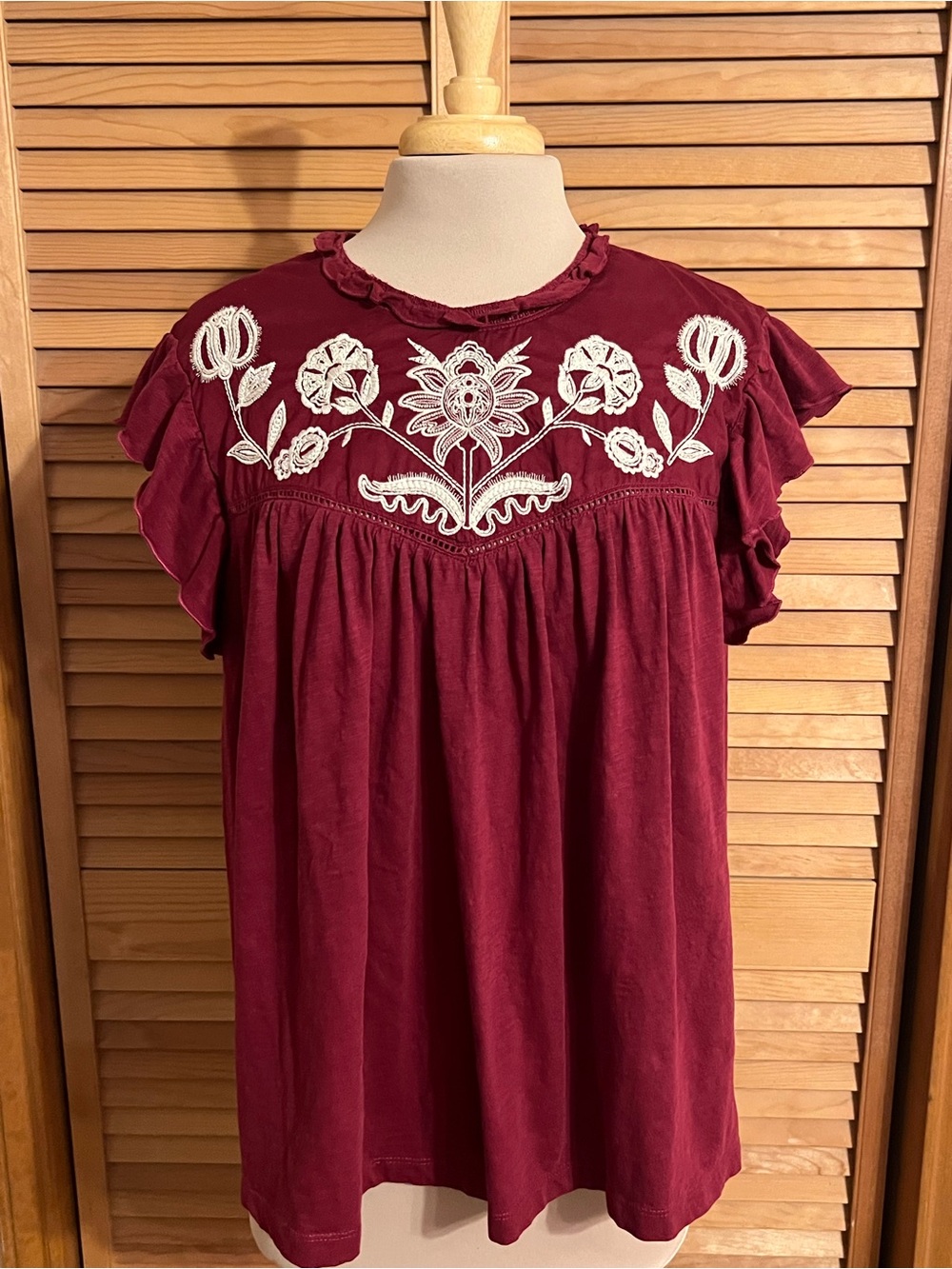 Women’s Burgundy Embroidered Ruffle Sleeve Blouse
